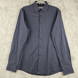 Lucky Brand Button Shirt Mens Medium Navy Blue Slim Fit Work Stretch Long Sleeve